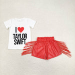 GSSO1030 I love Singer Star Fashion Leather Shorts Tassel Girl's Set