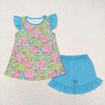 GSSO1095 Summer Garden Blue Pink Girls Shorts Set