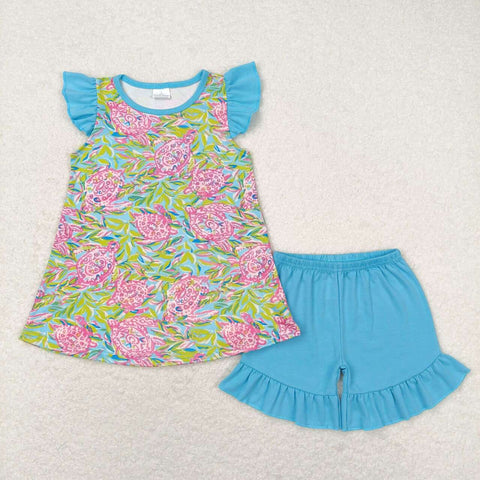 GSSO1095 Summer Garden Blue Pink Girls Shorts Set