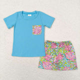 BSSO0846 Summer Garden Flower Blue Pink Boys Shorts Set