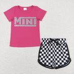 GSSO1215 Offset printing Mini Pink Black Plaid Girls Shorts Set