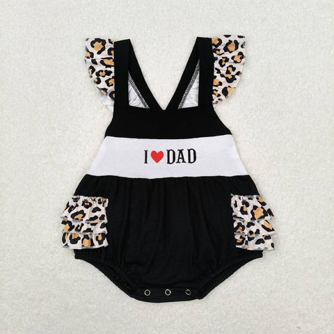 SR1147 Embroidery I LOVE DAD Leopard Black Baby Girl Romper