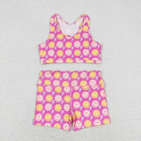 GSSO0904 Smiley face Pink Girls Shorts Set