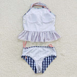 S0158 Flower Floral Blue pink Girl's Swimsuit