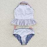 S0158 Flower Floral Blue pink Girl's Swimsuit