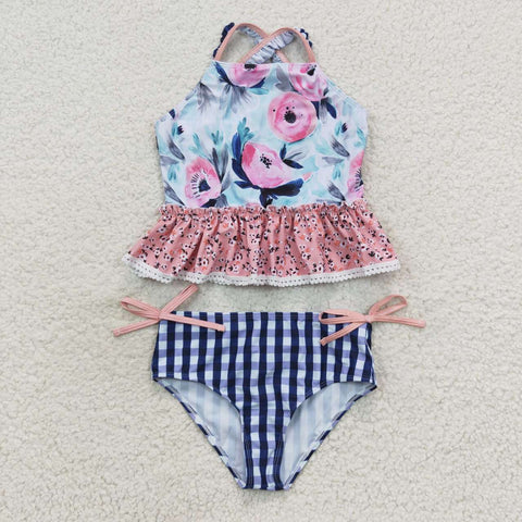 S0158 Flower Floral Blue pink Girl's Swimsuit