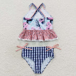 S0158 Flower Floral Blue pink Girl's Swimsuit