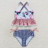 S0158 Flower Floral Blue pink Girl's Swimsuit