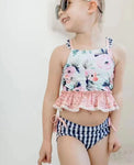 S0158 Flower Floral Blue pink Girl's Swimsuit