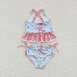 S0159 Flower Floral Blue pink Girl's Swimsuit