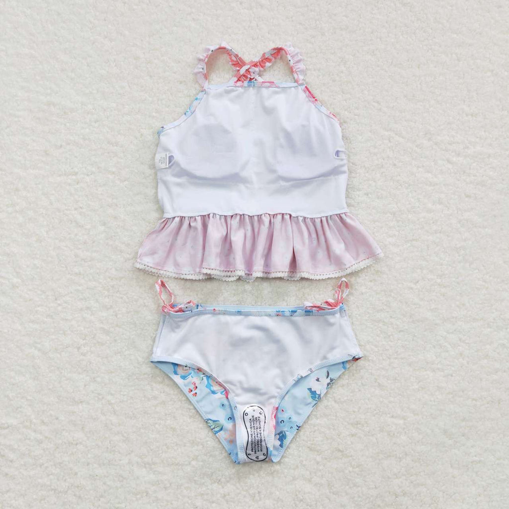 S0159 Flower Floral Blue pink Girl's Swimsuit