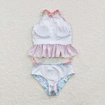 S0159 Flower Floral Blue pink Girl's Swimsuit