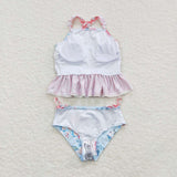 S0159 Flower Floral Blue pink Girl's Swimsuit