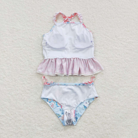 S0159 Flower Floral Blue pink Girl's Swimsuit