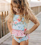 S0159 Flower Floral Blue pink Girl's Swimsuit