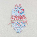 S0159 Flower Floral Blue pink Girl's Swimsuit