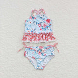 S0159 Flower Floral Blue pink Girl's Swimsuit