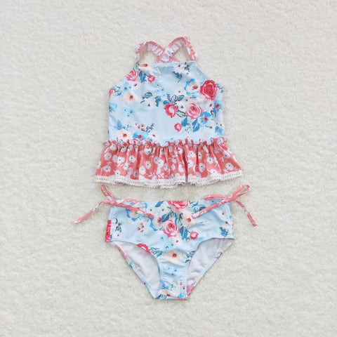 S0159 Flower Floral Blue pink Girl's Swimsuit
