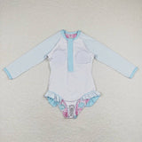 S0182 Summer Flower Shell Blue Zip Girl's Swimsuit