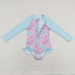 S0182 Summer Flower Shell Blue Zip Girl's Swimsuit