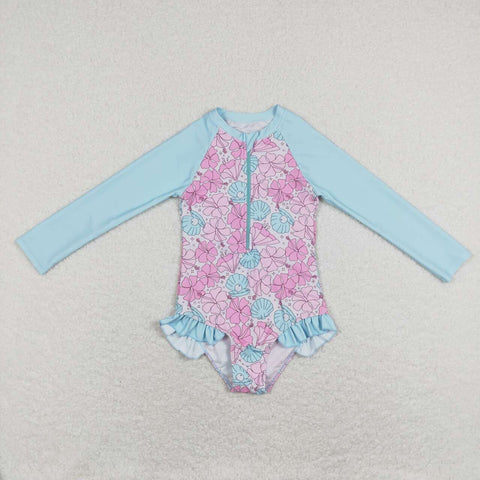 S0182 Summer Flower Shell Blue Zip Girl's Swimsuit
