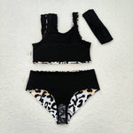 S0223 Leopard Black Girls Swimsuit 3 pcs Set With bow