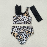 S0223 Leopard Black Girls Swimsuit 3 pcs Set With bow