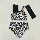 S0223 Leopard Black Girls Swimsuit 3 pcs Set With bow