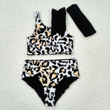 S0223 Leopard Black Girls Swimsuit 3 pcs Set With bow