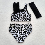 S0224 Leopard Black White Girls Swimsuit 3 pcs Set With bow