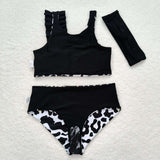 S0224 Leopard Black White Girls Swimsuit 3 pcs Set With bow