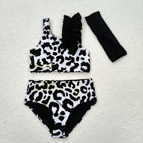 S0224 Leopard Black White Girls Swimsuit 3 pcs Set With bow
