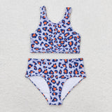 S0229 Summer Red Leopard Print Girls Swimsuit 2 pcs Set