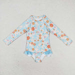 S0242 Blue Leaf Summer Girls Swimsuit Onesie