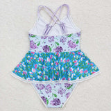 S0246 Flower Blue Summer Girls Swimsuit Onesie