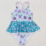 S0246 Flower Blue Summer Girls Swimsuit Onesie