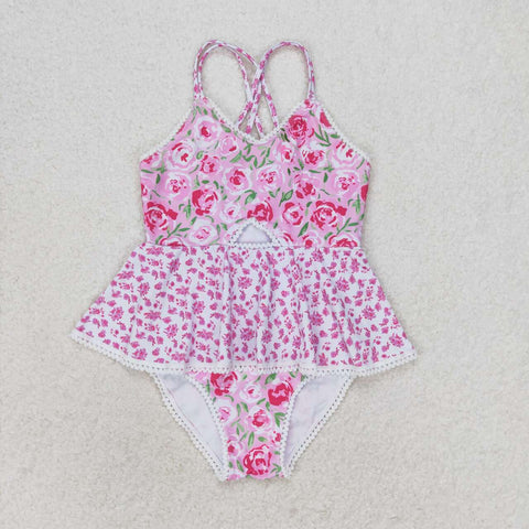 S0247 Flower Pink Summer Girls Swimsuit Onesie