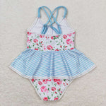 S0248 Flower Stripe Summer Girls Swimsuit Onesie