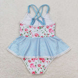 S0248 Flower Stripe Summer Girls Swimsuit Onesie