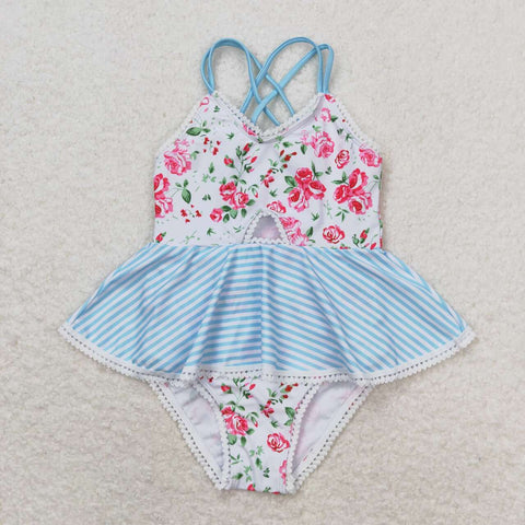 S0248 Flower Stripe Summer Girls Swimsuit Onesie