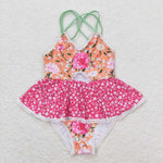 Preorder Restocking S0249 Flower Orange Summer Girls Swimsuit Onesie