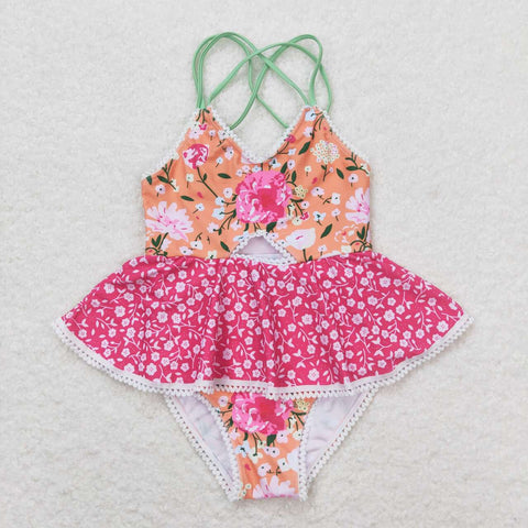 S0249 Flower Orange Summer Girls Swimsuit Onesie