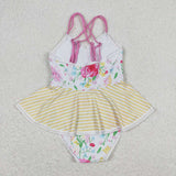 S0250 Flower Yellow Stripe Summer Girls Swimsuit Onesie