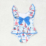 S0277 Sailboat Blue Summer Girls Swimsuit Onesie