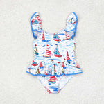 S0277 Sailboat Blue Summer Girls Swimsuit Onesie