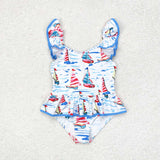 S0277 Sailboat Blue Summer Girls Swimsuit Onesie