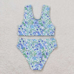 S0279 Flower Mint Blue Summer Girls Swimsuit 2 pcs Set