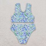 S0279 Flower Mint Blue Summer Girls Swimsuit 2 pcs Set