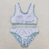 S0279 Flower Mint Blue Summer Girls Swimsuit 2 pcs Set