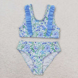 S0279 Flower Mint Blue Summer Girls Swimsuit 2 pcs Set